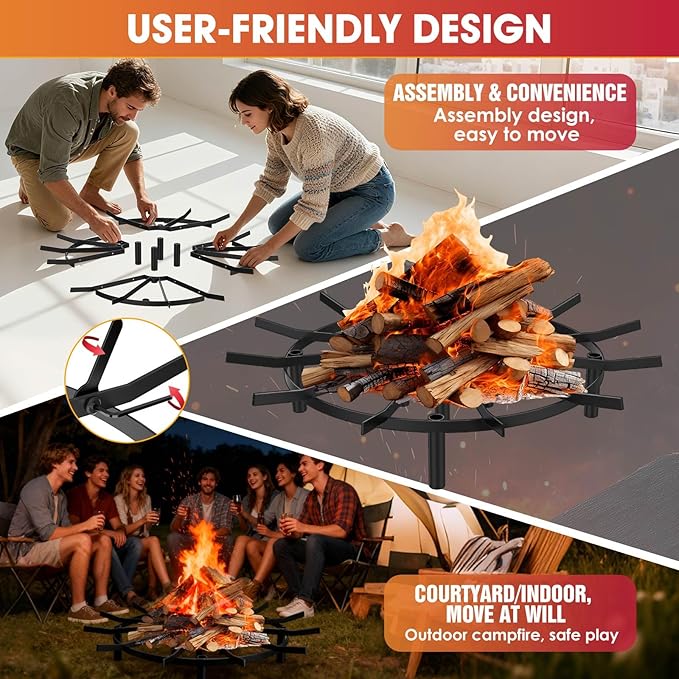 Fire Pit Grate & Fireplace Grate, Heavy Duty Heat Resistant Campfire Grill for Campfires and Outdoor fire pits(Black, 26 in)