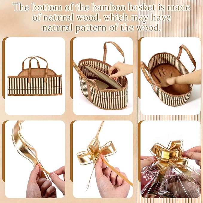 Reallnaive Baskets for Gifts Empty Sturdy Woven Bamboo Gift Basket with Gift Bags and Ribbons for Christmas Thanksgiving Birthday Mothers Day Housewarming Party Gift Wrapping, 12"x 8"x 6"(12 Set)