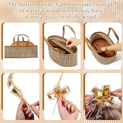 Reallnaive Baskets for Gifts Empty Sturdy Woven Bamboo Gift Basket with Gift Bags and Ribbons for Christmas Thanksgiving Birthday Mothers Day Housewarming Party Gift Wrapping, 12"x 8"x 6" (1 Set)