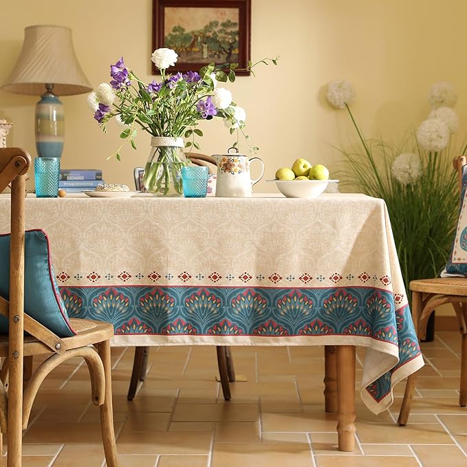 Vintage Beige Linen Rectangle Tablecloth,Paisley Farmhouse Feather Floral Pattern Table Cloth,Decor Table Cover for Kitchen,Dining,Thanksgiving,Christmas,55"*87"-Dorodango F