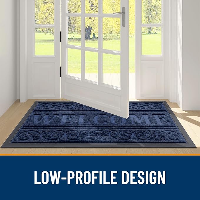 OLANLY Welcome Door Mat Indoor Outdoor Entrance, Heavy Duty Sturdy Front Door Mat, Waterproof All-Weather Doormat, Stain Resistant, Low Profile, Easy Clean Patio Entryway Mat, 59 x 35, Navy Blue