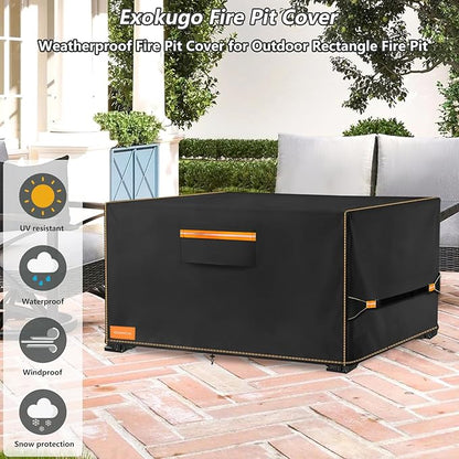 Fire Pit Cover,Outdoor Heavy Duty 600D 100% Waterproof Fire Pit Cover Rectangular,Weatherproof Firepit Covers Rectangle 44" L x 28" W x 24" H,Black