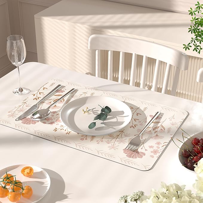 QIYI Placemats Set of 4, 12x18 Inch Faux Leather Place Mats for Kitchen Dinning, Heat Resistant Anti Slip Floral Table Mats, Waterproof Wipeable Washable Placemat Party Beige Table Décor, Pink Flowers