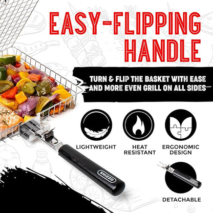 SHIZZO Grill Basket Set, Barbecue BBQ Grilling, Stainless Steel Folding Portable Outdoor Camping Rack for Fish, Shrimp, Vegetables, Cooking Accessories, Gifts for Dad, husband, Friends
