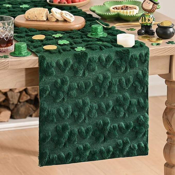 Artoid Mode Green Soft Plush Faux Fur Jacquard Heart Clover St. Patrick's Day Table Runner, Seasonal Kitchen Dining Table Decoration for Home Party Decor 13x90 Inch