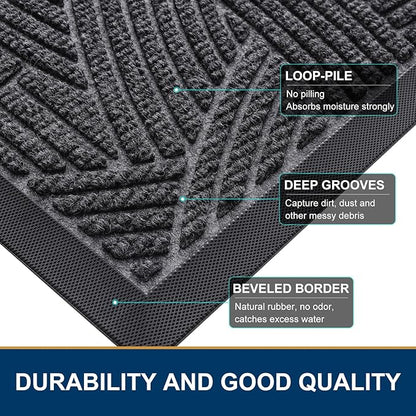 Smiry Front Door Mat Outside Entrance, Heavy Duty Sturdy Natural Rubber Doormat, Trap Dirt and Moisture, Easy Clean Low Profile Mats for Indoor Outdoor Entry, Interwoven Stripes (36x24, Grey)