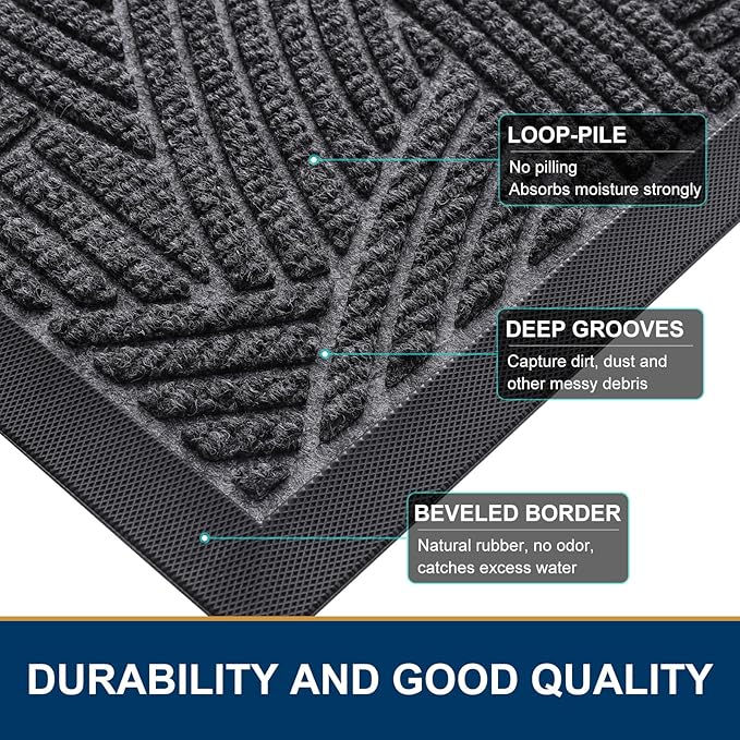 Smiry Front Door Mat Outside Entrance, Heavy Duty Sturdy Natural Rubber Doormat, Trap Dirt and Moisture, Easy Clean Low Profile Mats for Indoor Outdoor Entry, Interwoven Stripes (29.5x17, Grey)