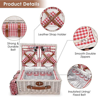 HappyPicnic Fitted Picnic Baskets Cooler Set for 4 Persons with Large Waterproof Picnic Blanket, Insulated Compartment and Cutlery Service Kit-Red