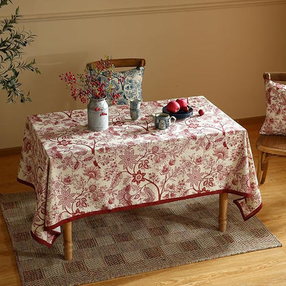 ISAENNE Designer French Linen Long Rectangle Tablecloth,Red Floral Washable Indoor Table Cloth,Durable Home Decor Tablecloths for Dining Thanksgiving Kitchen Party Christmas,63"*94"-Ruyi A
