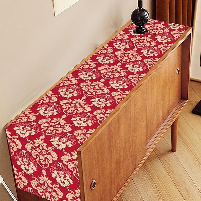 Damask Table Runner, Rustic Gothic Red Baroque Style Floral Boho Flower Antique Vintage Retro Coffee Table Center Decor for Kitchen and Dining Outdoor Home Country Party Table Decorations, 13"x108"