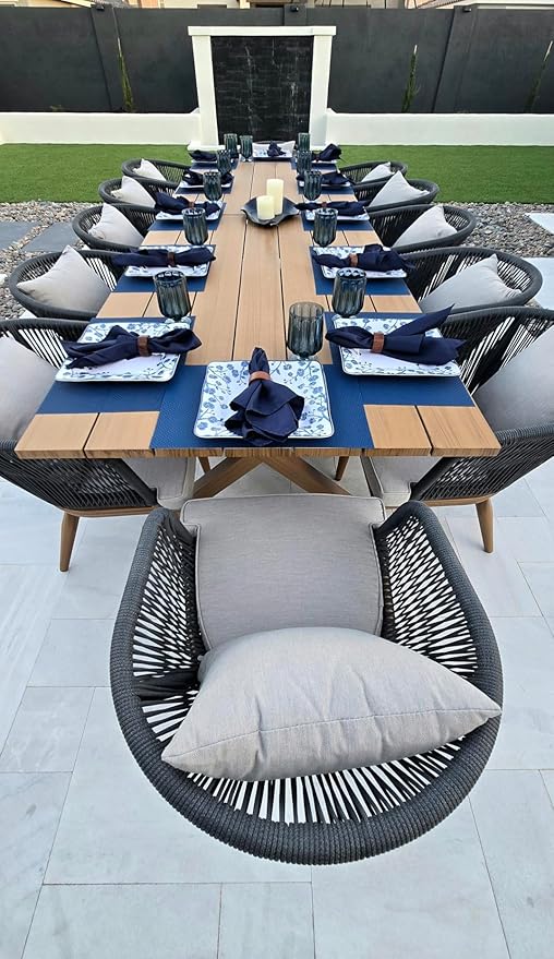 PURPLE LEAF 14 Pieces Patio Dining Set Wicker Outdoor Furniture Rectangular Table and Chairs Set for Garden Deck Teak-Finish & Grey Aluminum Frame Backyard Kitchen Set, Cushions and Pillows Included