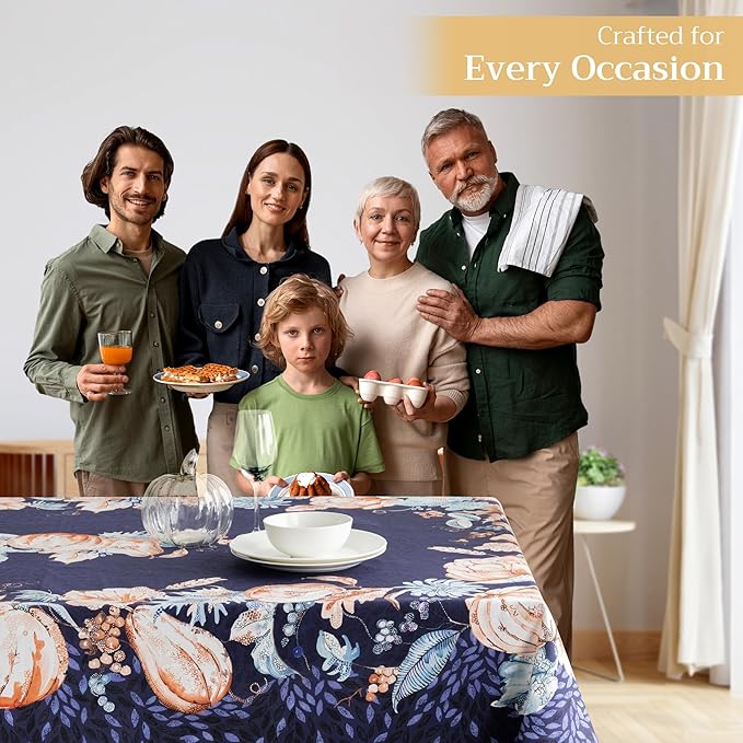 Maison d' Hermine Table Cloth Rectangle Table 100% Cotton 60 x 90 Inches Fall Tablecloth Reusable Everyday Use for Thanksgiving Christmas Decorations Dining Farmhouse Party (Pumpkin Blues)