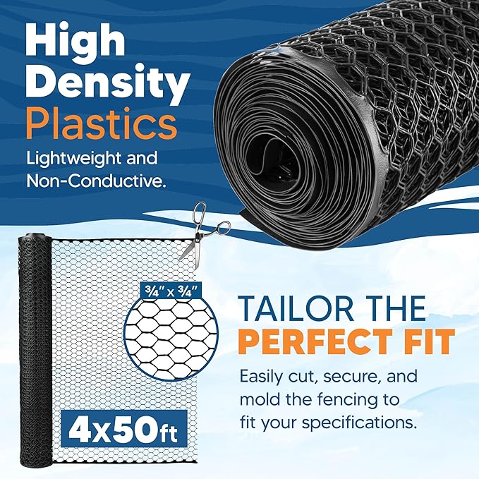 Plastic Hex Chicken Wire Mesh Garden Fence Roll (4' x 50' - Black) - Versatile Poultry Netting and Garden Fence for Temporary or Semi-Permanent Enclosures, Deer Fencing, and Construction Barriers