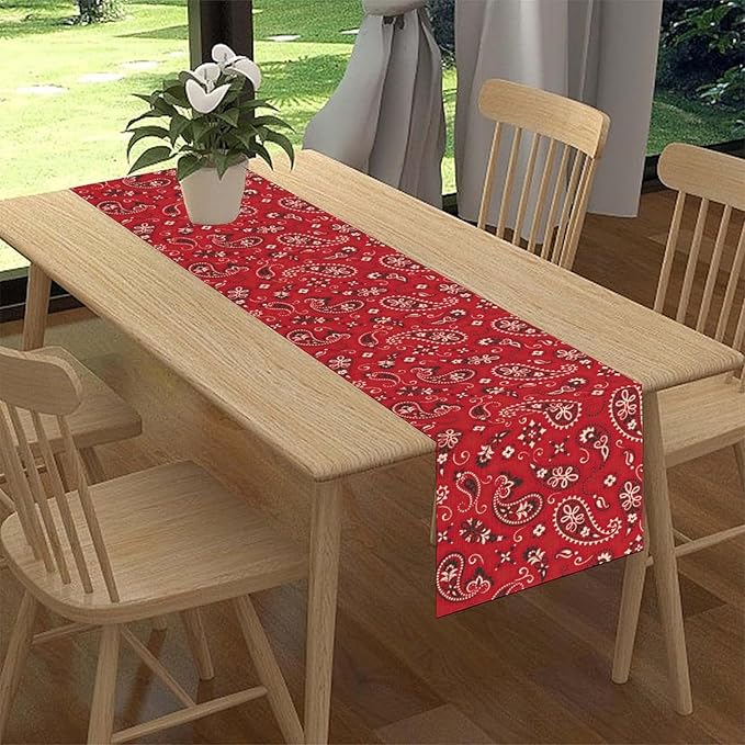 Red Paisley Table Runner, Rustic Damask Antique Floral Flower Retro Boho Swirled Pattern Vintage Coffee Table Center Decor for Family Kitchen and Living Room Outdoor Table Decorations, 13"x90"