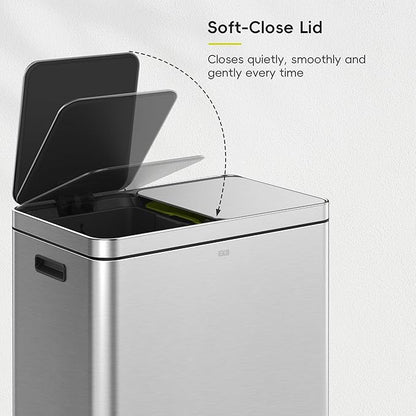 EKO Edison Dual Trash Can for Recycling and Trash, 8+8 Gallons Kitchen Garbage Can with Dual Removable Inner Liners, Independent Lids and Pedals, Matte Stainless Steel