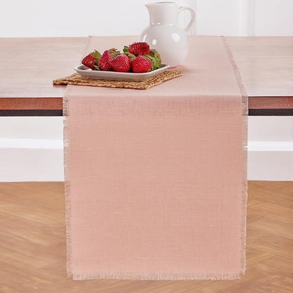 Solino Home Linen Fringe Table Runner 90 Inches Long - 100% Pure Linen Misty Pink Table Runner 14 x 90 Inch for Valentines, Spring, Easter