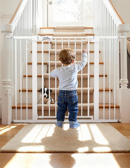 BABELIO 36" Tall Baby Gate, PressGuard P7, 29-48" Auto Close Pressure Mounted Dog Gate for Stairs, Doorways & Hallway, Protector Basics Easy Walk Thru Pet Gate, White