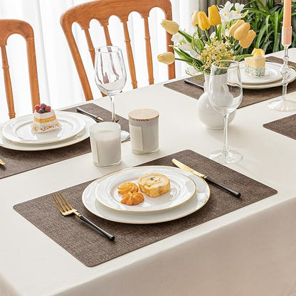 Romanstile Vinyl Placemats Set of 6-12 X 17 Inch - Heat Resistant Place Mats 100% Waterproof Oilproof Wipeable Reversible Faux Leather Table Mats for Kitchen, Dining, Party, Outdoor, Brown