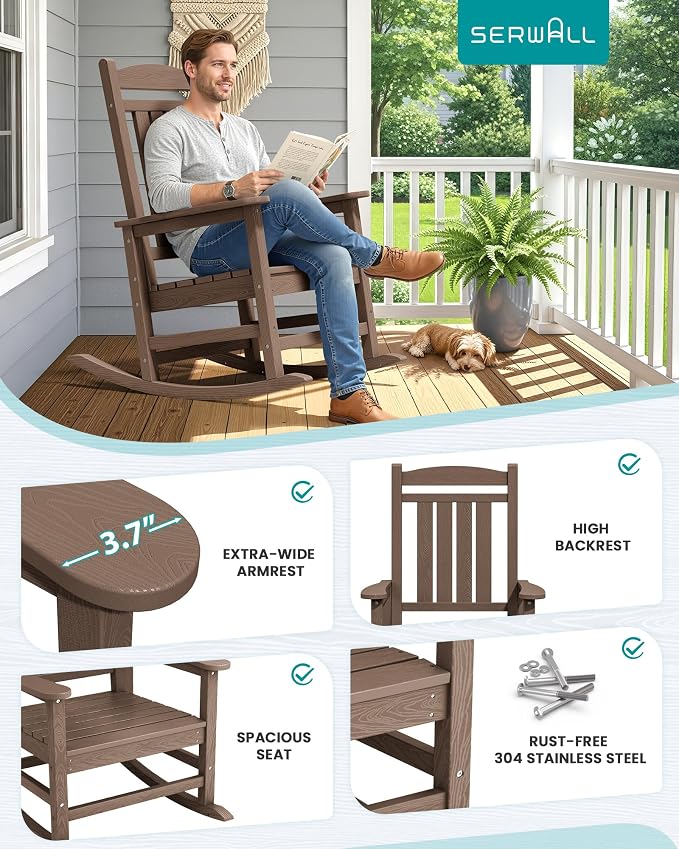 SERWALL Rocking Chair Outdoor, Oversized HDPE Patio Rocking Chairs, Porch Rocker - Image 5