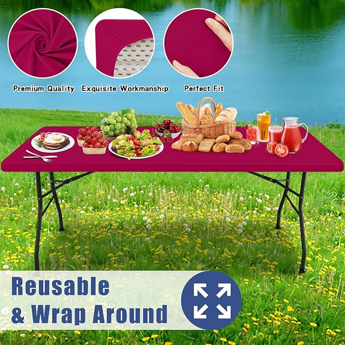 Spandex 5 Foot Rectangle Table Cloth 6 Pack, Elastic Fitted Tablecloths for Picnic, Stretch Washable Patio Table Cover for Outdoor, Camping, Banquet and Parties (Fuchsia, 30"x60")