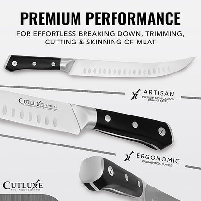 Cutluxe Butcher Knife – 10″ Cimeter Breaking Knife, Razor Sharp Forged High Carbon German Steel, Full Tang Meat Carving Knife, Ergonomic Handle Design, Grilling Gifts for Men – Artisan Series