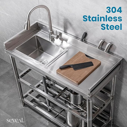 Stainless Steel Utility Sink Freestanding Laundry Sink with Pull-Out Faucet, Utility Tub with Bottom Shelves for Garage, Basement, Mudroom, or Workshop (Silver)