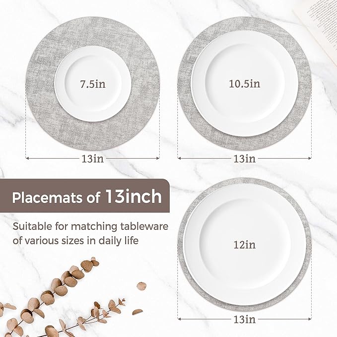 13" Round Placemats Set of 6, Reversible Faux Leather Heat Resistant Table Mats, Waterproof Oilproof Wipeable Table Protective Placemats for Vinyl, Washable for Indoor & Outdoor Use (6, Light Grey)