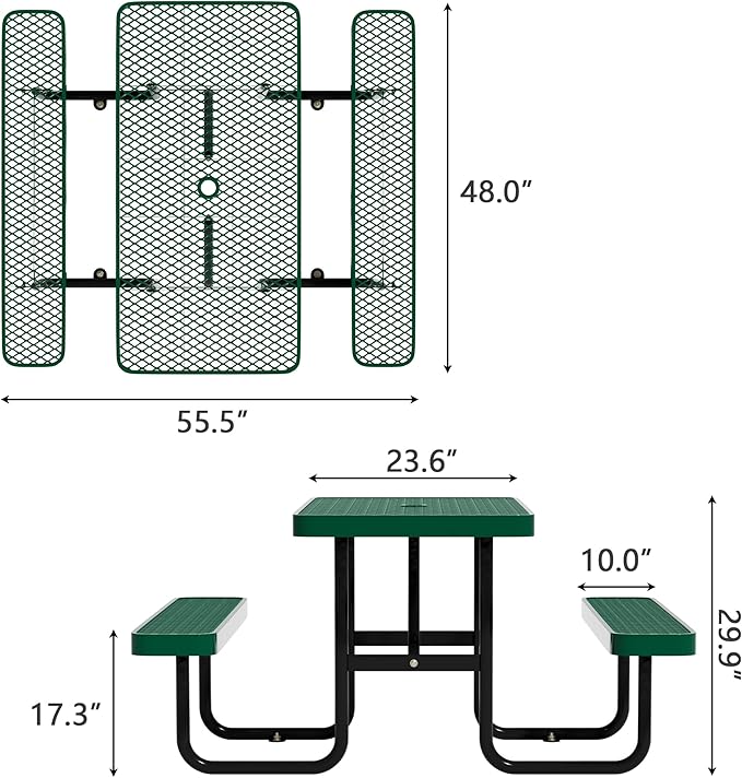 4FT Picnic Tables for Outdoors, Rectangular Commercial Metal Picnic Table Bench Set with Umbrella Hole,Heavy Duty Steel Weather-Resistant Dining Table for Patio Dining Garden Backyard BBQ School