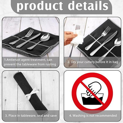 Hillban 18 Pcs Anti Tarnish Silver Storage Bags Silver Storage Cloth Felt Flatware Organizer Anti Tarnish Protector Bags Place Setting Roll with White Ribbon for Kitchen Cutlery (12 Slots,Black)