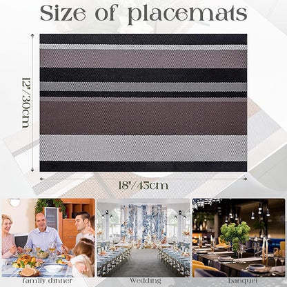 Set of 6 Colorful Striped Vinyl Placemats Heat-Resistant Washable Placemats Non-Slip Woven Table Mats Wipeable Placemat for Kitchen Dining Table Decoration Indoor Outdoor (Black&Grey)