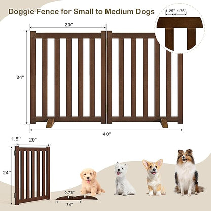 24" Height Tall Freestanding Pet Gate, Solid Wood Folding Safety Fence Wooden Dog Gate with 2 PCs Support Feet Ideal for Stairs, Doorways, Halls, Kitchens, Heavy Duty Gates, 2 Panels, Walnut