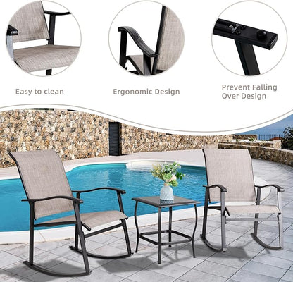 Vongrasig 3 Piece Outdoor Rocking Bistro Set, Textilene Fabric Small Patio - Image 3