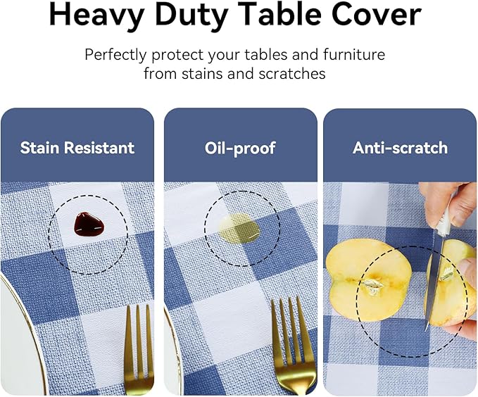 Romanstile Gingham Rectangle Plastic Tablecloth, 100% Waterproof Checkered PVC Table Cloth, Heavy Duty Vinyl Table Cover for Dining, Camping, Picnic, Outdoor - 52 x 70 Inch, Light Blue and White