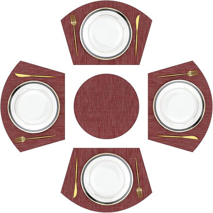SHACOS Large Size Wedge Placemats with Centerpiece Round Mat Set of 5 Round Table Place Mats Washable Dining Table Placemats Reversible Durable, Burgundy