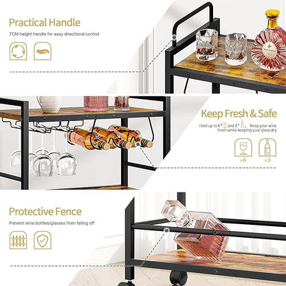 Bar Cart, Serving Cart for Home, Microwave Cart, Drink Cart, Mobile Kitchen Shelf with Wine Rack and Glass Holder, Rolling Beverage Cart for Dining Room(Rustic Brown and Black)