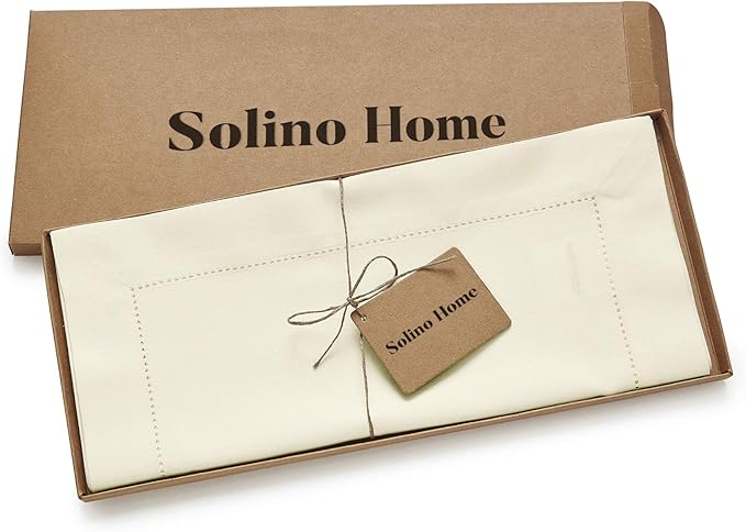 Solino Home Ivory Table Runner 108 Inches Long - Cotton Linen Hemstitch 14 x 108 Inch Table Runner for Dining, Spring, Easter