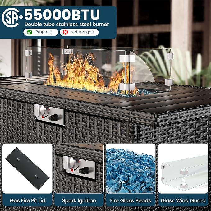 5 Piece Patio Furniture Set with Fire Pit Table, Outdoor Sectional Conversation Sets Black Wicker Rattan Sectional Sofa for Patio Garden Backyard, 4'' Thickened Cushion Black