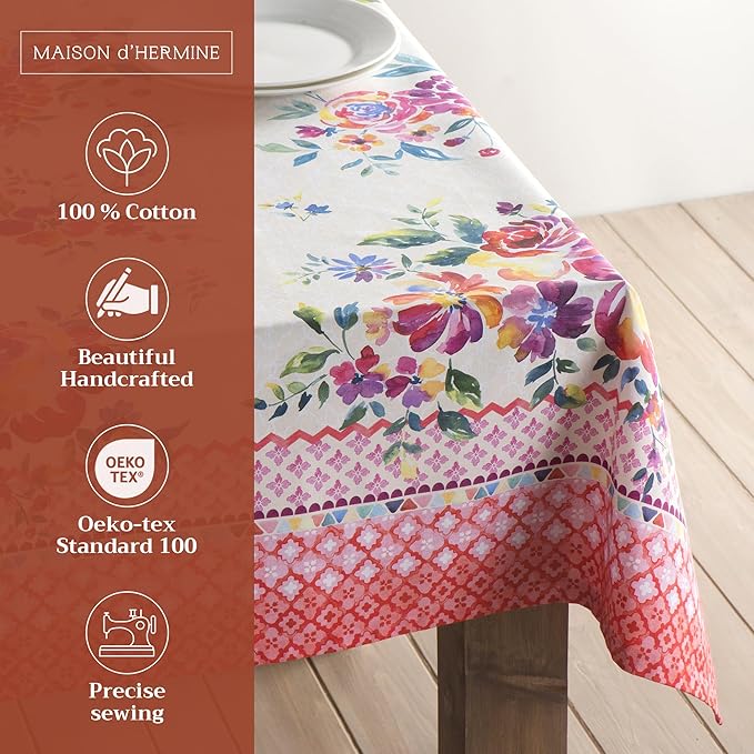 Maison d' Hermine Table Cloth Rectangle Table 100% Cotton 54 x 72 Inches Tablecloth Reusable Decorative for Dining Room, Farmhouse, Home, Party, Festive & Wedding Spring Summer - Rose Garden
