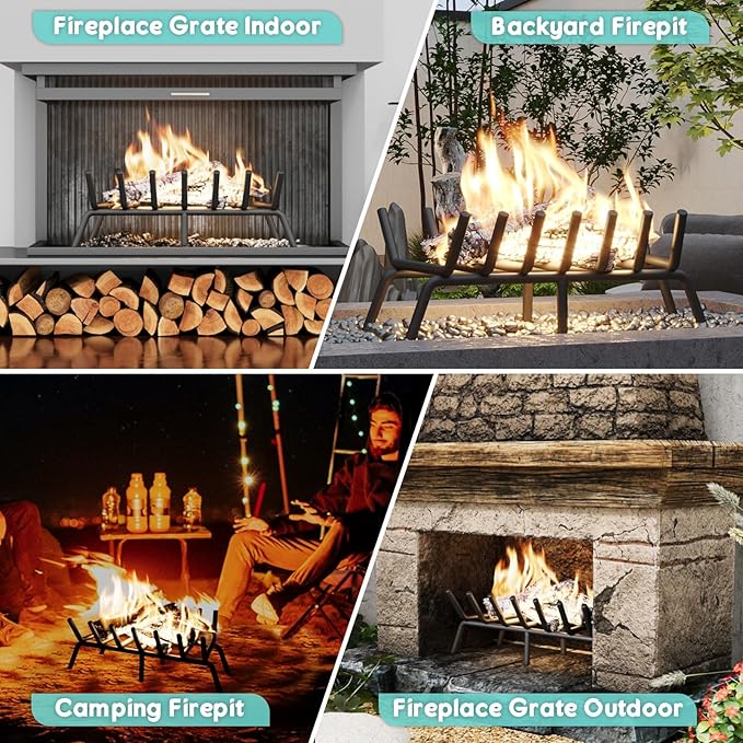 21-Inch Fireplace Grate, Heavy Duty 7-Bar Log Rack Holder Made of Solid Round Steel for Indoor/Outdoor Fire Pits, Wood Stoves & Kindling Tools