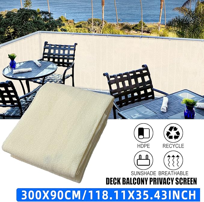 3'x10'Balcony Privacy Screen Cover Fence Cover UV Protection Weatherproof Windscreen Heavy Duty for Patio, Backyard,Beige