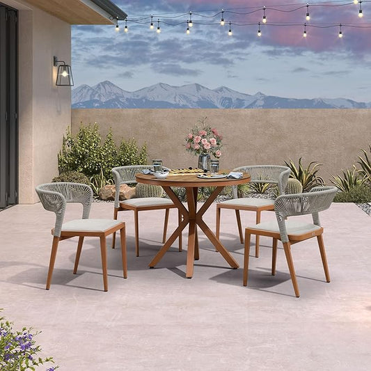 PURPLE LEAF 5 Pieces Round Patio Dining Set Outdoor Furniture with Rattan Chairs for Lawn Garden Backyard Aluminum Table Sets Deep Teak Outdoor Set