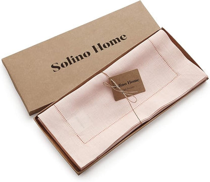 Solino Home Linen Pink Table Runner 120 Inches Long - 100% Pure Linen Hemstitch 14 x 120 Inch Table Runner for Dining, Valentines, Spring, Easter - Classic Hemstitch