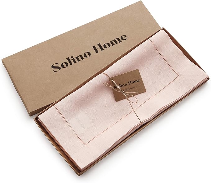 Solino Home Linen Pink Table Runner 72 Inches Long - 100% Pure Linen Hemstitch Table Runner 14 x 72 Inch for Dresser, Dining, Valentines, Spring, Easter - Classic Hemstitch