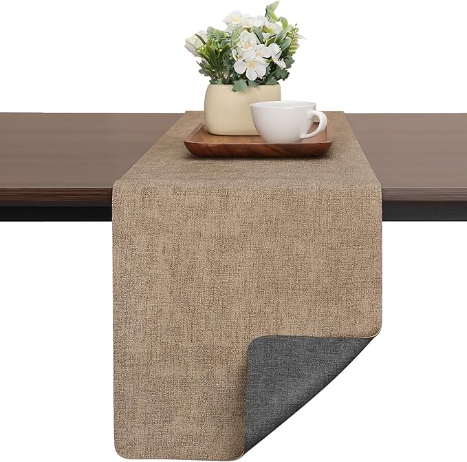 Table Runners 94 Inches Long, Dual-Sided Faux Leather Farmhouse Table Runner Waterproof Heatproof Non-Slip for Living Room Party Home Decor Holiday Decorations(Gray Beige, 15 x94 Inch)