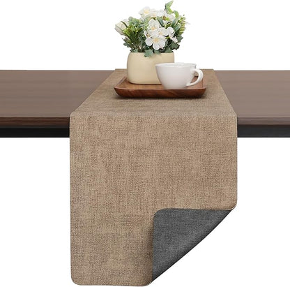Table Runners 72 Inches Long, Dual-Sided Faux Leather Farmhouse Table Runner Waterproof Heatproof Non-Slip for Living Room Party Home Decor Holiday Decorations(Gray Beige, 15 x 72 Inch)
