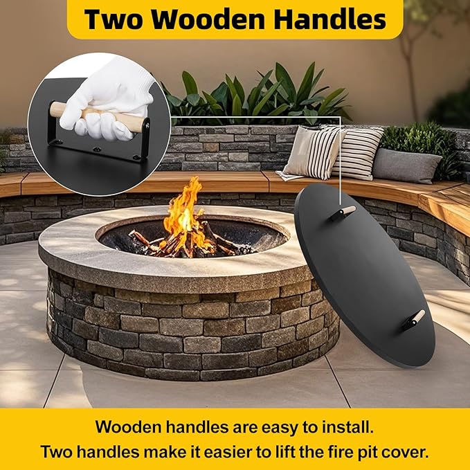 G GOOD GAIN Firepit Lid Round 36 Inch - Rust Resistant Fire Pit Lid Cover with Wooden Handle & Gloves, Fire Pit Snuffer Lid for Courtyards, Patio, Winter Cold Protection. Fits Fire Pits Up to 34"