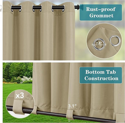 HolidayIdeas Outdoor Curtains for Patio Waterproof-4 Panels 54x84 Inch-Windproof Weatherproof Privacy Taupe Curtains-Grommet Top and Tab Bottom Drape for Gazebo, Porch, Pergola, Cabana, Backyard