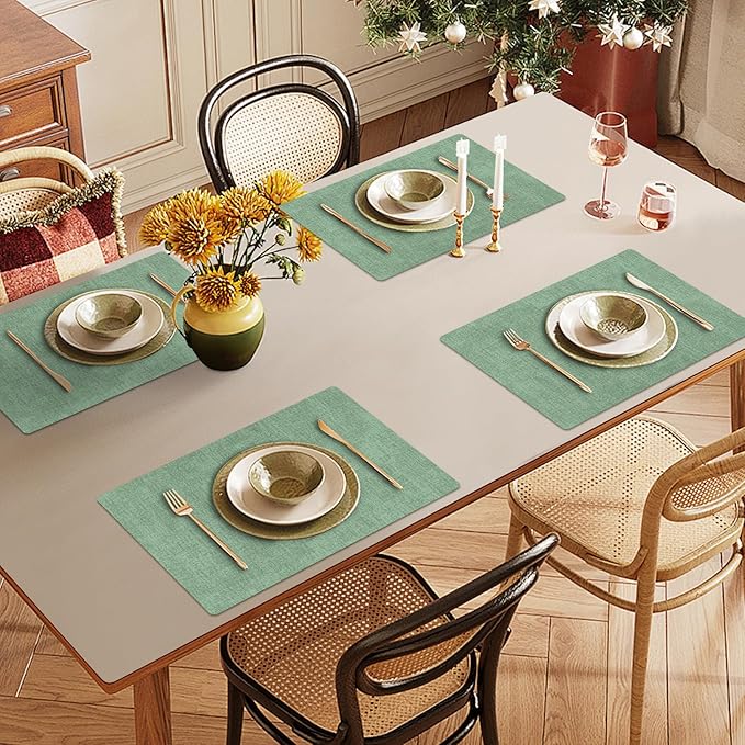 Faux Leather Heat Resistant Christmas Placemats Set of 4 – Waterproof Oilproof Wipeable Dining PU Vinyl Place Mat Easy Clean Table Mats for Kitchen/Dining/Party/Holiday, Dark Green