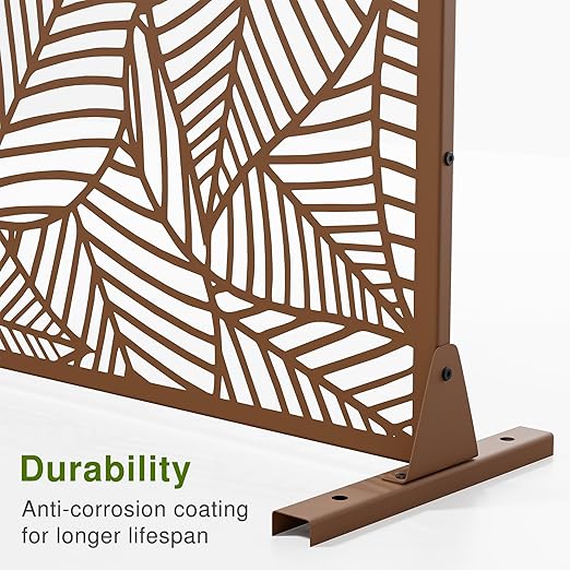 Casaphoria 72" H x 47" W Metal Outdoor Privacy Screen, Freestanding Decorative Divider for Patio, Deck, Balcony, and Garden with Stable Base, Brown Leaves