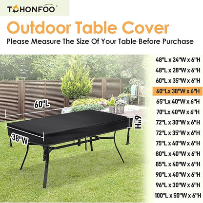 TOHONFOO Rectangular Patio Table Cover - Waterproof Anti-UV Outdoor Dining Table Cover - Outdoor Patio Furniture Cover 60" L x 38" W x 6" H, Black